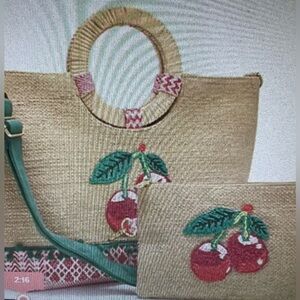 America & Beyond Embellished Jute Tote w/Removable pouch